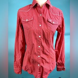 Red and white Gingham patterned button up shirt